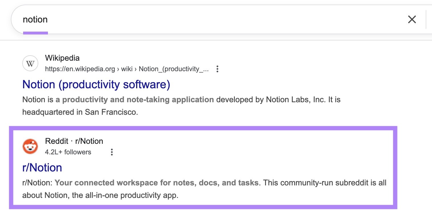 Google SERP for the term "notion" with the r/Notion subreddit appearing in the results.