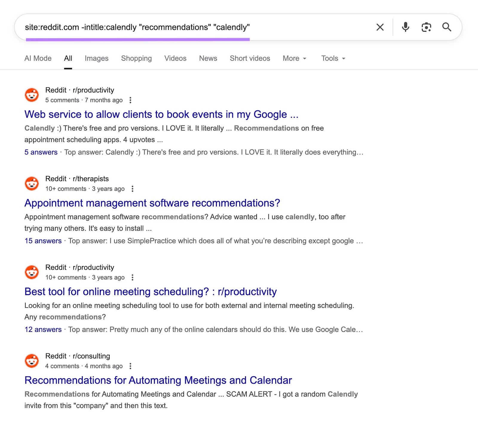 Using a site search operator on the SERP to find Reddit results that don't feature a competitor in the title but do feature them in the content body.